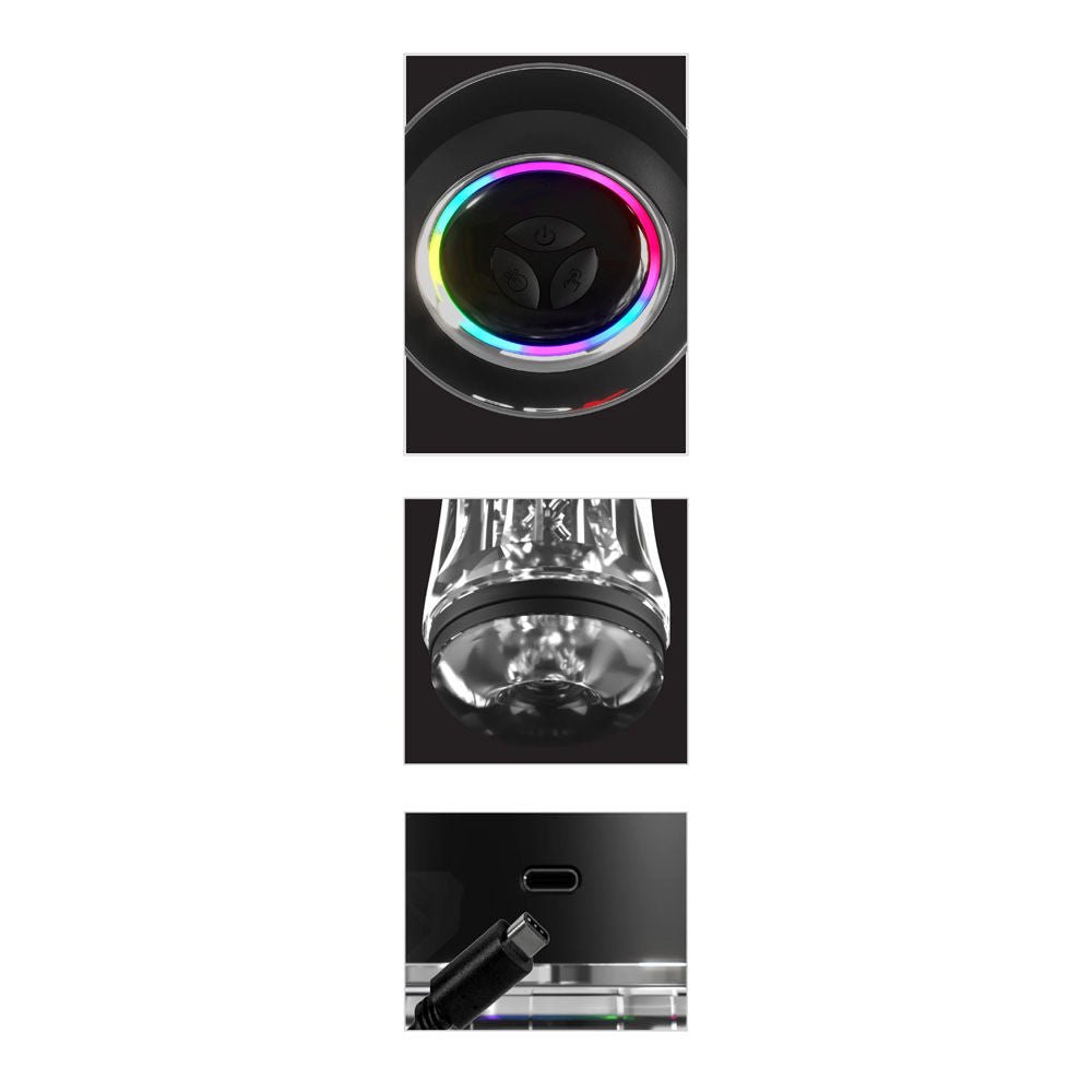 Close-up composite view of the PDX Elite vibrating male masturbator showing the detailed tip, control buttons, and charging port, all on a clean white background | Flirty Bay adult store Perth